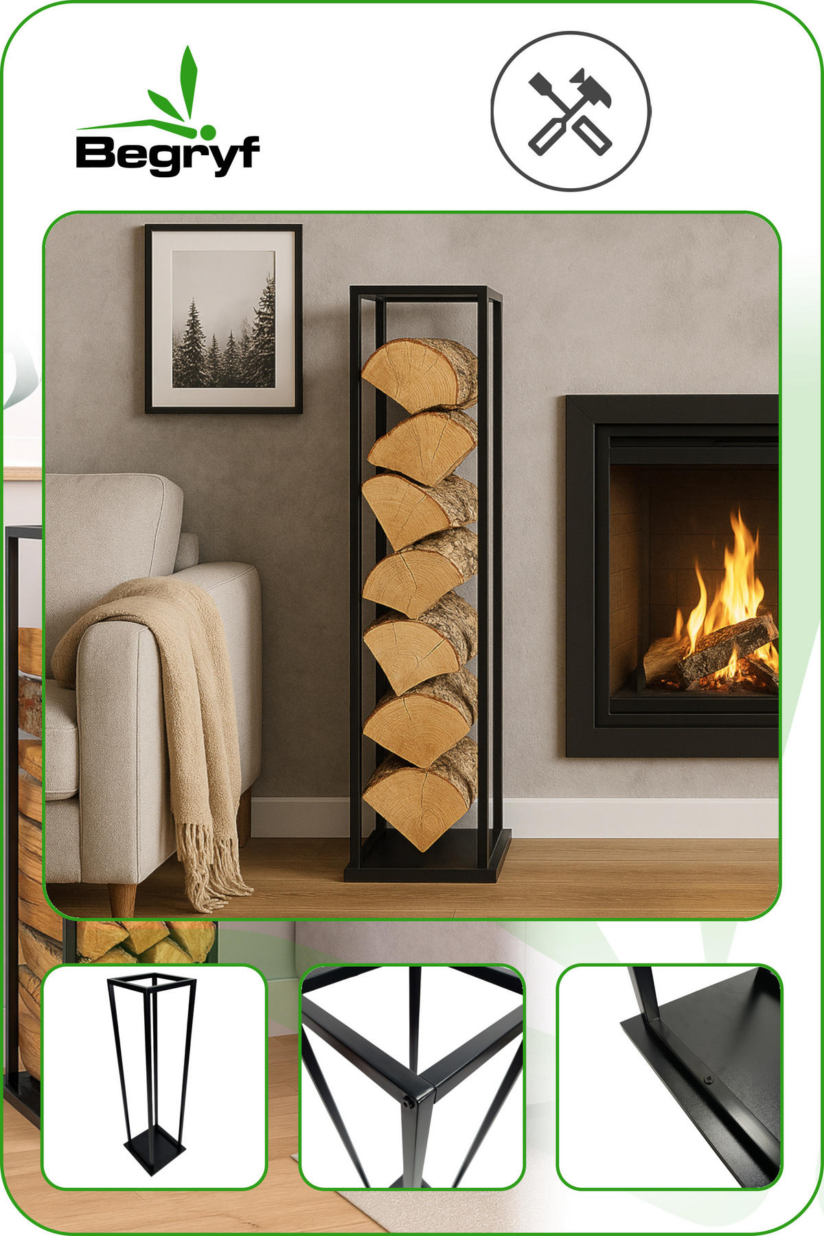 KAMINHOLZREGAL Metall Schwarz Stabil 112×33×33 cm - Schwarz, Metall (33/112/33cm) - Begryf