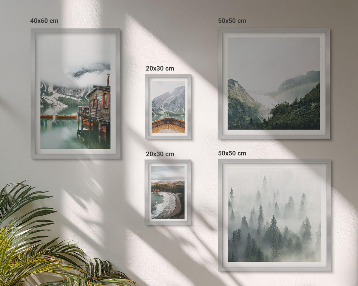 BILDER SET 5er Set - 50x50 cm & 20x30 cm & 40x60 cm Silberner Rahmen - Berge, See, Boot, Nebel, Strand - Silberfarben, Kunststoff (40/60cm) - TULUP