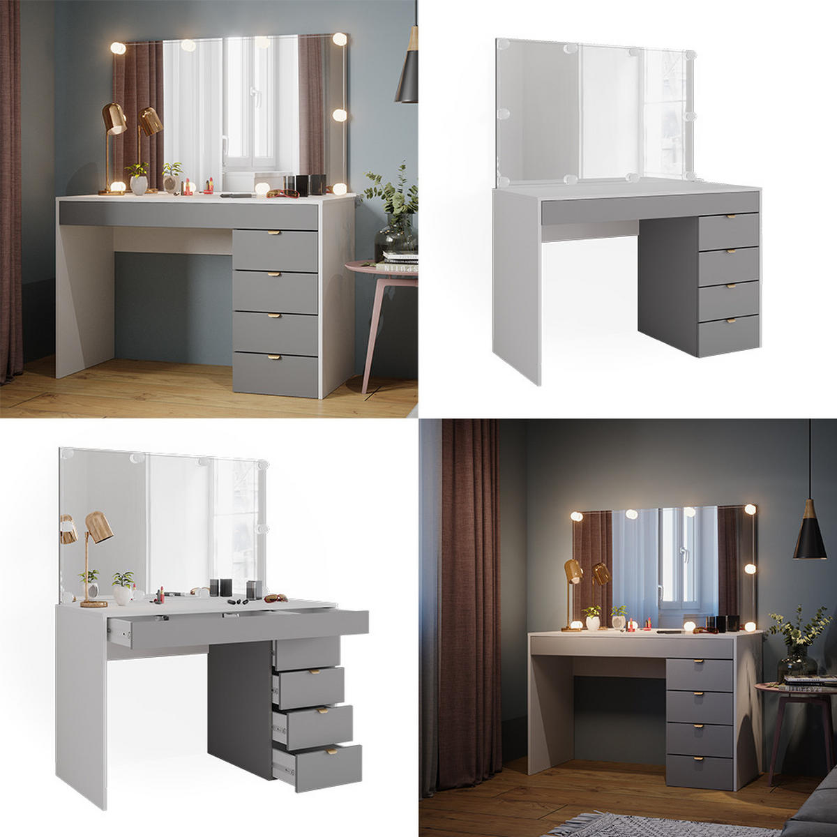 SCHMINKTISCH Elise Weiß/Grau/Grau 115 cm mit LED Beleuchtung - Weiß/Grau, Holzwerkstoff (115/76/55cm) - Vicco