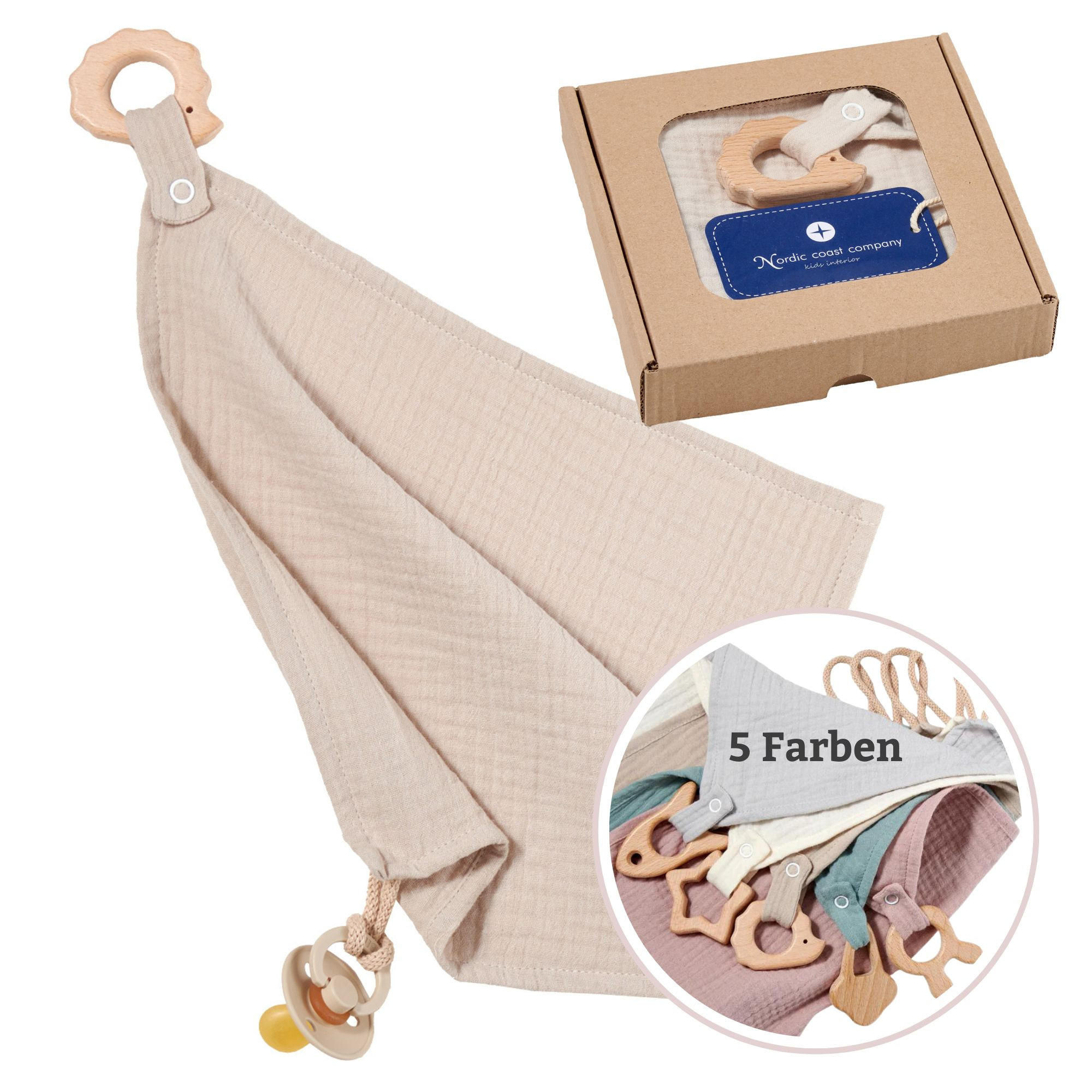 KUSCHELTUCH Schmusetuch Schnullerband Geschenk zur Geburt Babygeschenk Musselin Igel Sand - Beige, Textil (30/1/30cm) - nordic coast company
