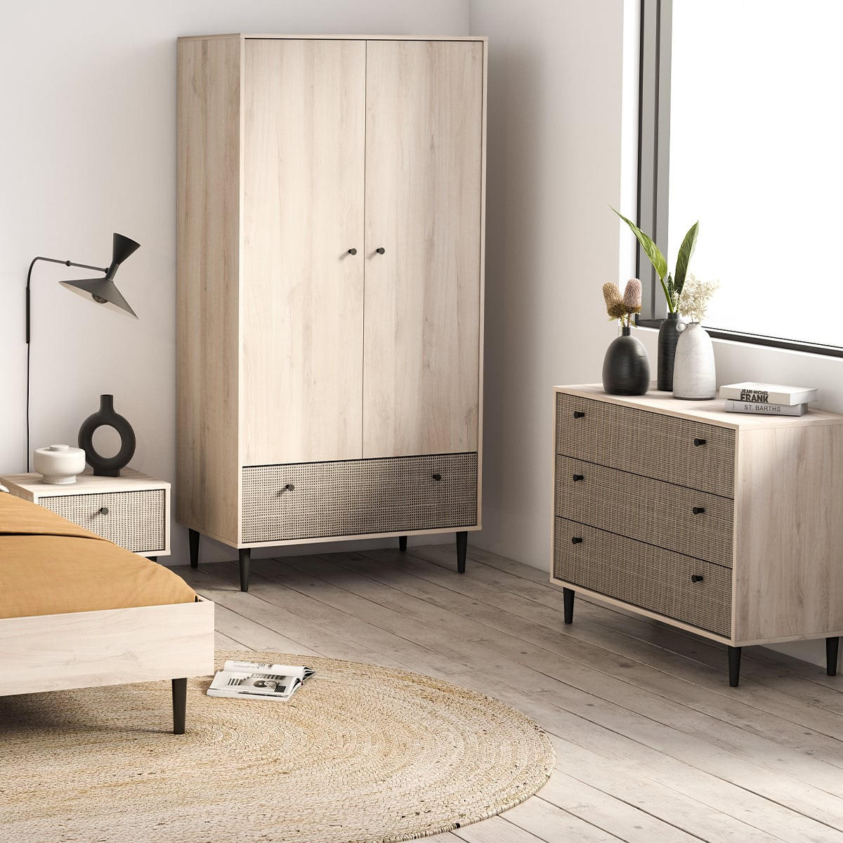 SCHRANK mit 2 Türen und 1 Schublade in Kronberg-Eiche-Dekor, Rattan-Druck und Mattschwarz Saïgon - H181,1 cm - Apfelbaumfarben, Holzwerkstoff (50/181.1/90.47cm) - Calicosy