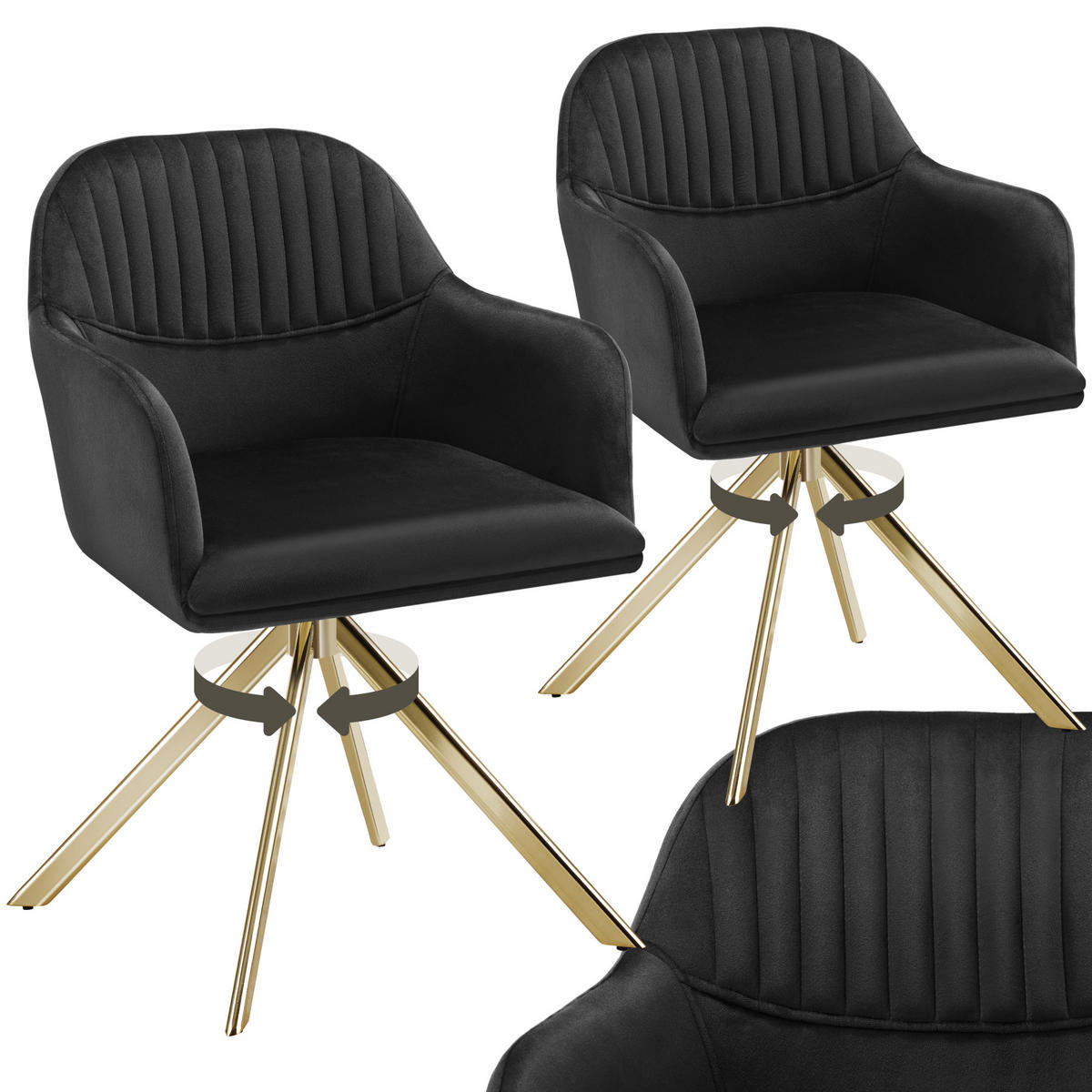 DREHSTUHL 2er Set Lona 56 x 59 x 81 cm schwarz/gold - Goldfarben/Schwarz, Textil (56/81/59cm) - tectake