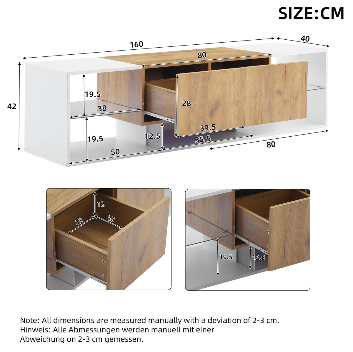 LOWBOARD 160/40/42 cm Weiß/Naturholzfarben aus Spanplatte mit LED-Beleuchtung und 2 Schubladen - Hellbraun, Holzwerkstoff (40/42/160cm) - OKMYHOME