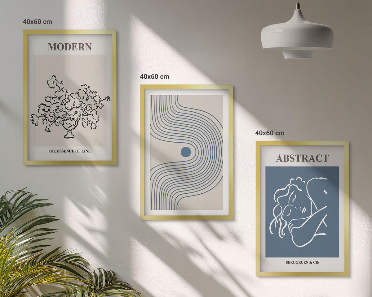 WANDBILDER 3er Set - 40x60 cm Goldrahmen - abstrakte Poster mit Blumenlinien - Goldfarben, Kunststoff (40/60cm) - ArtPrintCave