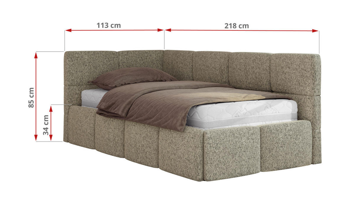 JUGENDBETT ARVO 90/200 - Dunkelbeige Strukture - Pocket-Matratze - Links Seite - Bronzefarben, Textil (90/200cm) - MKS