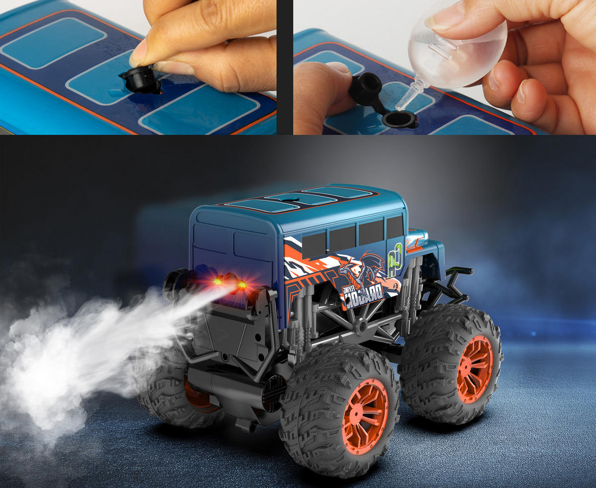 RC-MONSTERTRUCK Spielzeug LED Licht echter Rauch Fernbedienung aufladbarem Akku wechselbare Cover - Blau, Kunststoff (23/19/17cm) - Northpoint