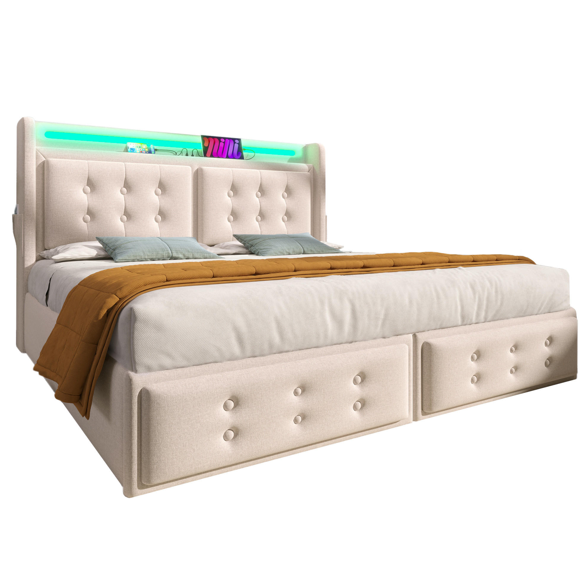 POLSTERBETT 160/200 cm mit LED-Beleuchtung, USB/Typ-C & 4 Schubladen,Beige - Beige, Textil (160/200cm) - Redom