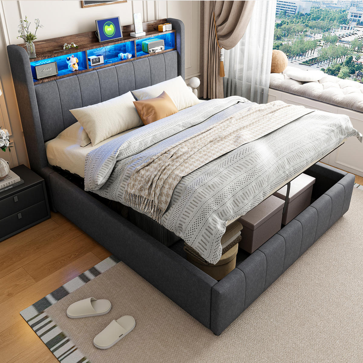 POLSTERBETT 140/200 cm grau mit LED-Beleuchtung und USB-Anschlüssen, hydraulisches Stauraumsystem - Grau, Textil (140/200cm) - OKWISH