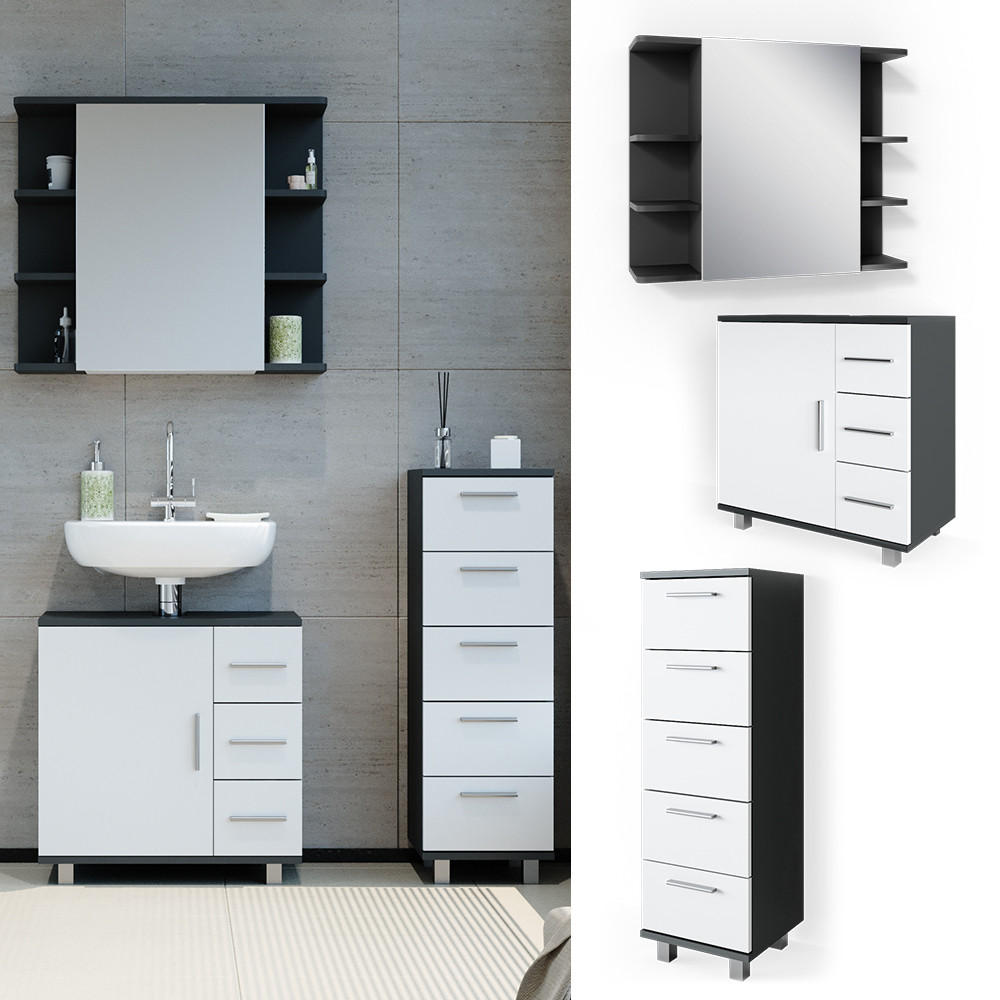 BADMÖBEL-SET Ilias Anthrazit 3 Teile, mit Midischrank - Anthrazit/Weiß, Holzwerkstoff (60/60.8/33cm) - Vicco