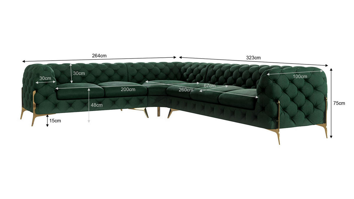 ECKSOFA Chesterfield Lexi Flasche Grün Samt, langer Schenkel rechts - Smaragdgrün/Goldfarben, Holz/Textil (323/264cm) - S-Style Möbel