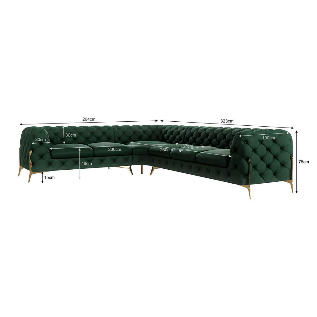 Thumbnail - S-Style Möbel Ecksofa, Smaragdgrün, Textil, Echtholz,Buche, Birke, 6-Sitzer, Eckteil, L-Form, Ottomane links,L-Form, 323...