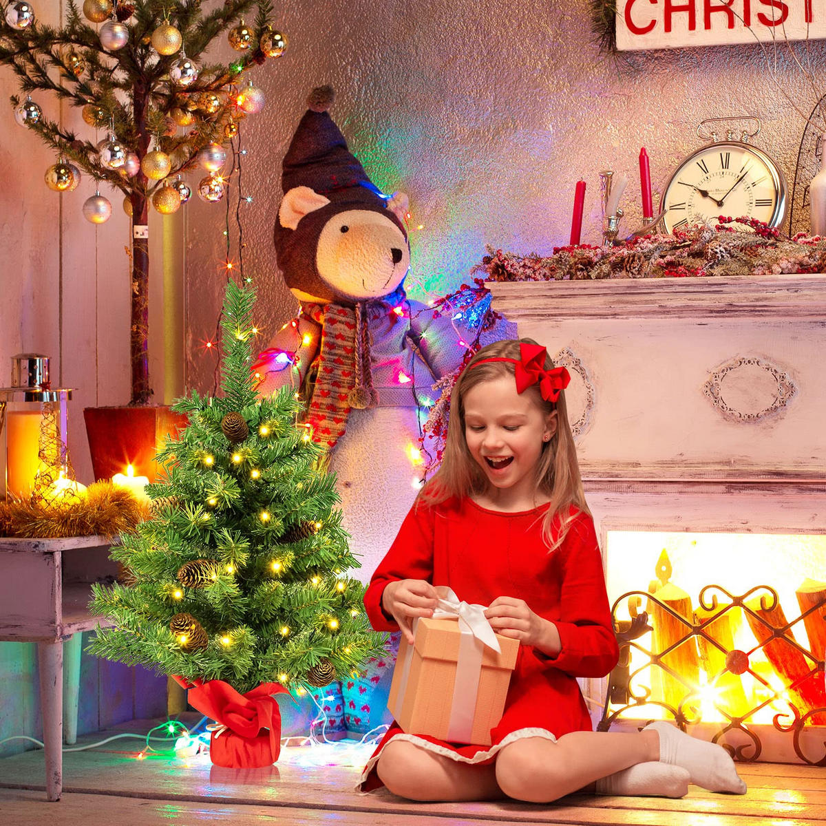 WEIHNACHTSBAUM kleine Tannenform mit 8 Lichtmodi 64 cm grün - Grün, Kunststoff (64cm) - COSTWAY