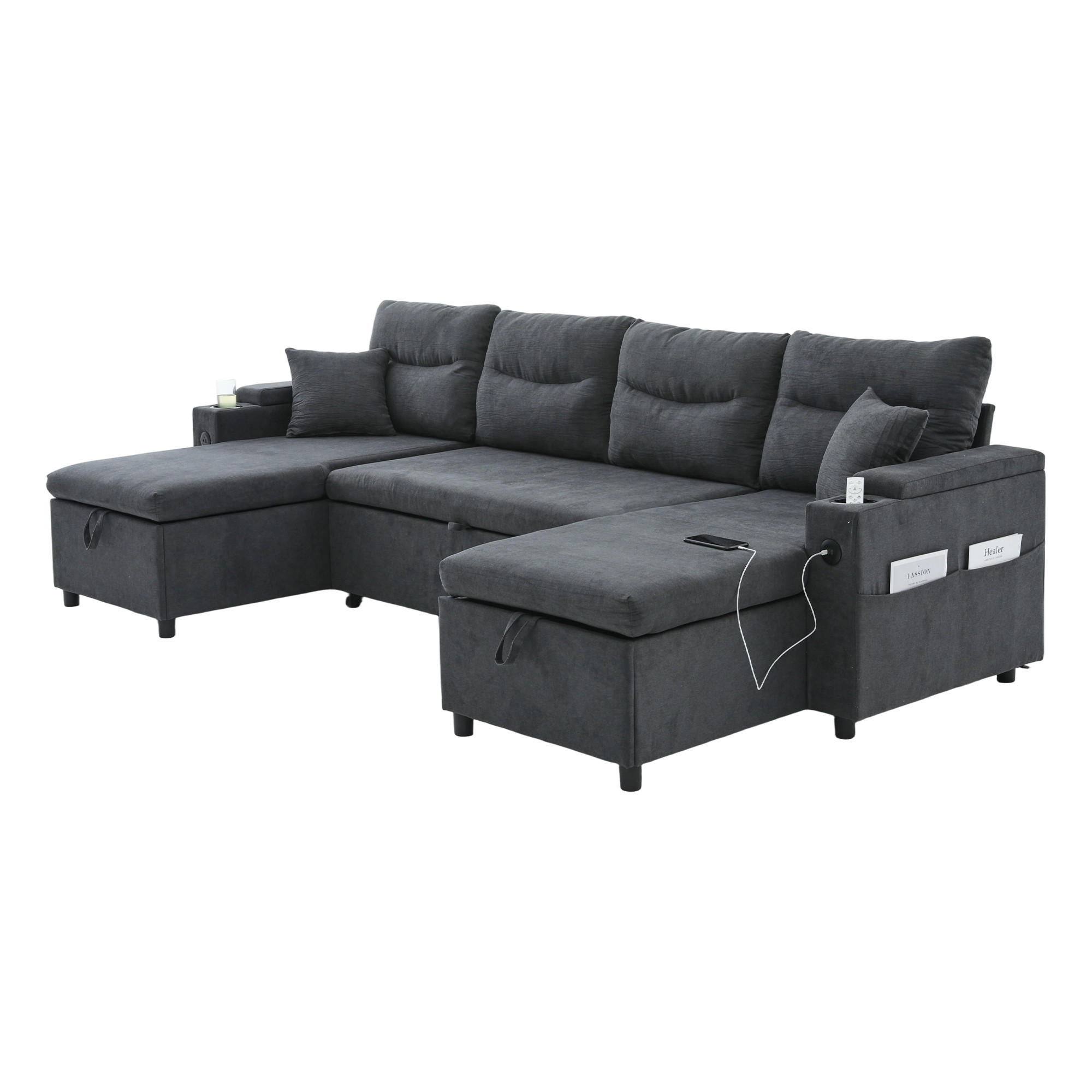 SCHLAFSOFA 4-Sitzer mit Chaiselongues, USB und Stauraum, Dunkelgrau - Dunkelgrau, Textil (272/86/136cm)
