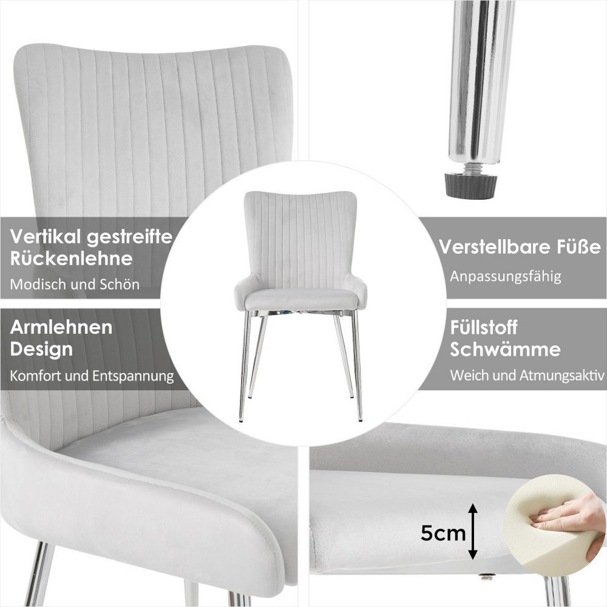 STUHL SET 2 Stück in Grau Samt mit Silberne Metallstützbeinen - Grau, Textil (58/85/47cm) - KOMHTOM