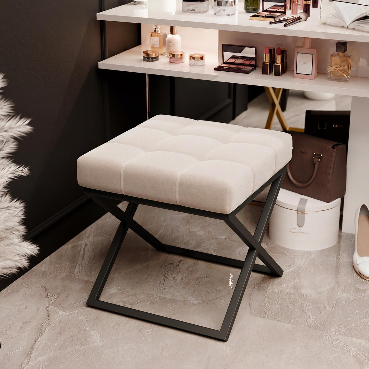 HOCKER LIND 45/45/45 cm, Schwarz / Beige - Beige/Schwarz, Textil/Metall (45/45/45cm) - Idohome