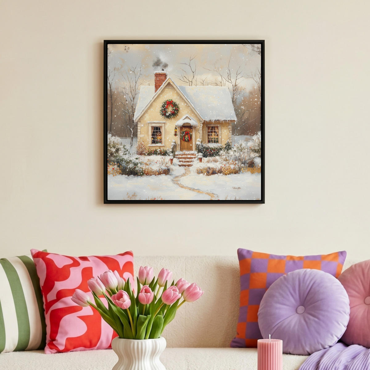 LEINWAND Bilder mit Rahmen - Weihnachten - Zuhause - Winter - Schnee - 50x50 - Creme, Textil (50/50cm) - MuchoWow