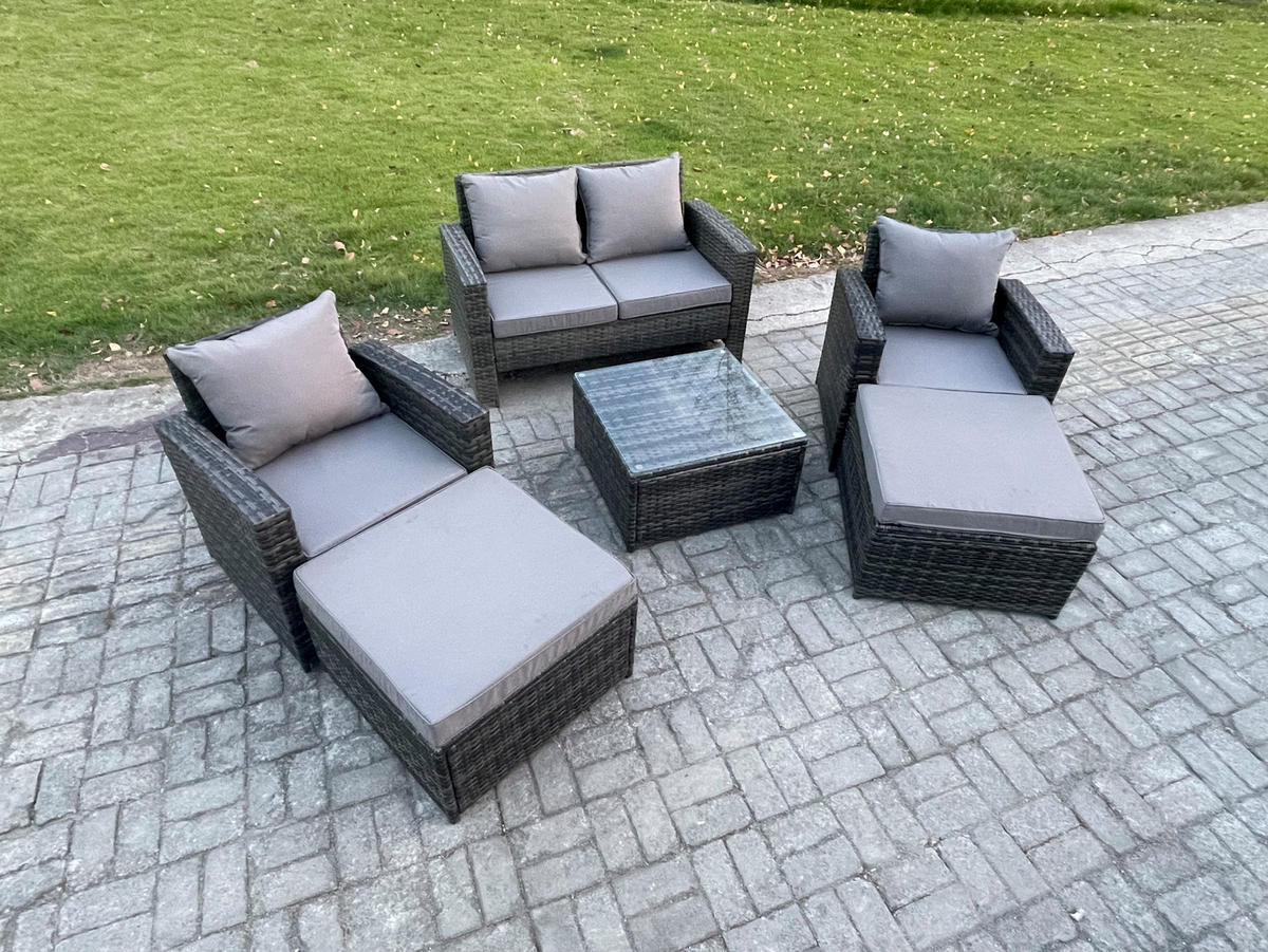 GARTENMÖBEL-SET mit Kissen Polyrattan Dunkelgrau 6-Sitzer - Dunkelgrau, Metall - Fimous