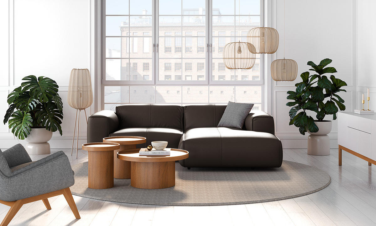 ECKSOFA mit XL-Longchair - Dunkelbraun/Schwarz, Leder/Kunststoff (260/171cm) - home24