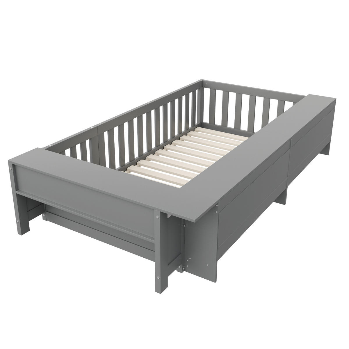 KINDERBETT Multifunktionales 90/200 cm Grau mit Staufächern und Sicherheitsgitter - Grau, Holz (90/200cm) - OKWISH