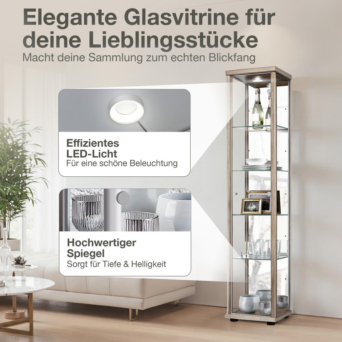 GLASVITRINE 33/37/176 cm mit Spiegel, LED & 4 höhenverstellbaren Glasböden - Transparent/Silberfarben, Glas/Holzwerkstoff (37/176/33cm) - K-Möbel