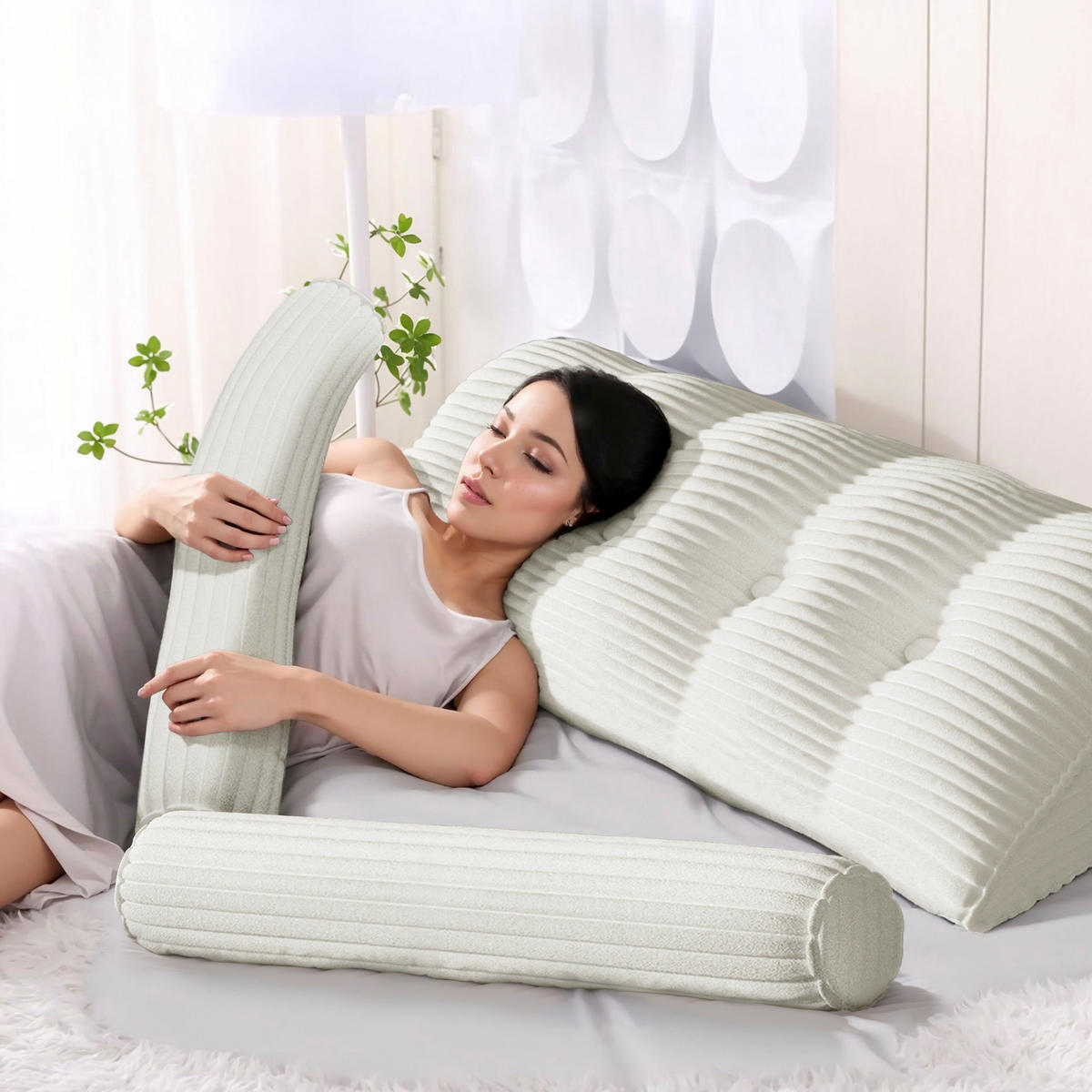 KEILKISSEN mit einem runden Kissen 2er-Set Gestreifter Samt Weiß 140cm - Weiß, Textil (20/140cm) - Vercart