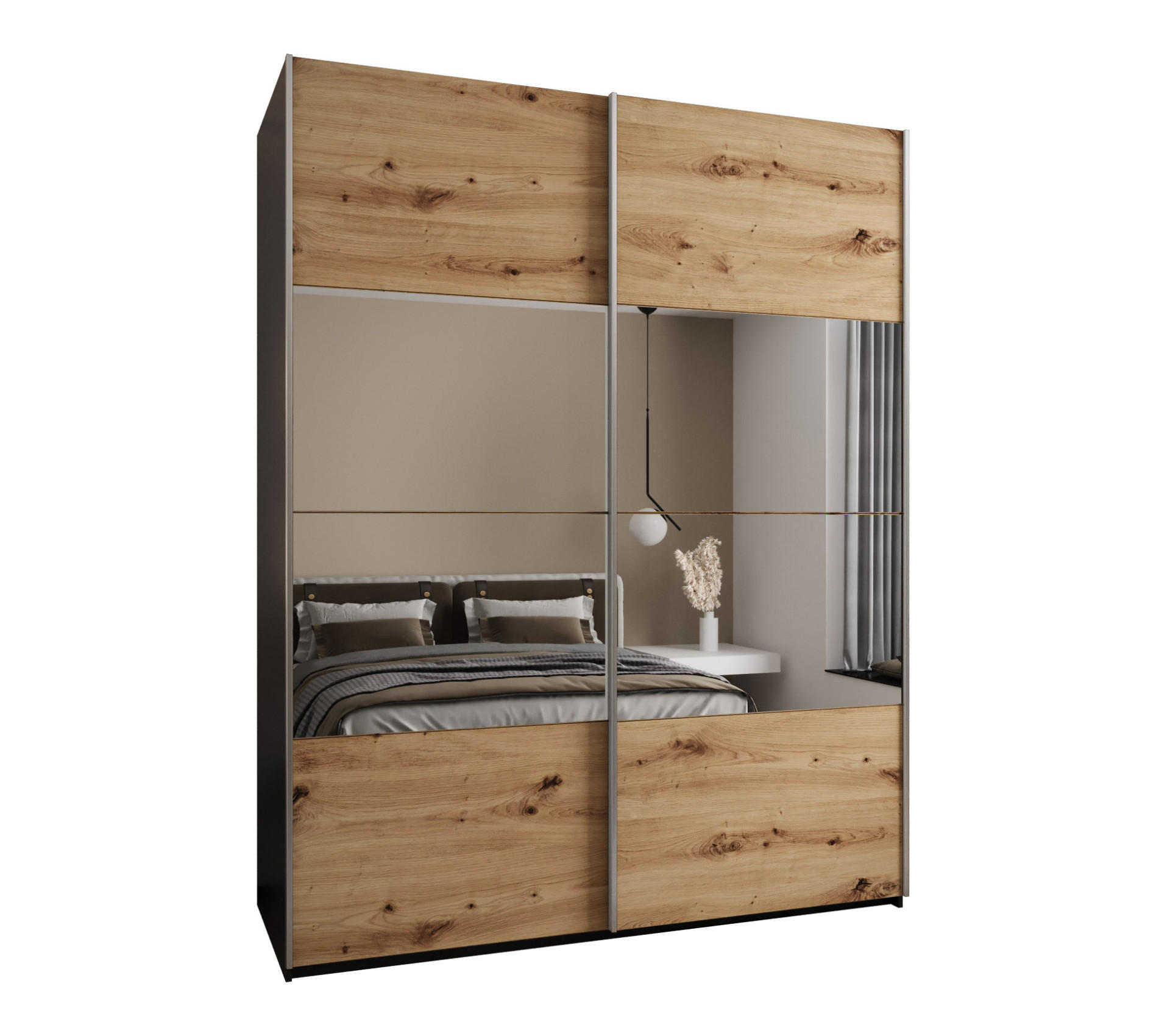 Abiks Möbel SCHWEBETÜRENSCHRANK Schwarz, Eiche Artisan, Silber 190cm × 64cm × 245cm