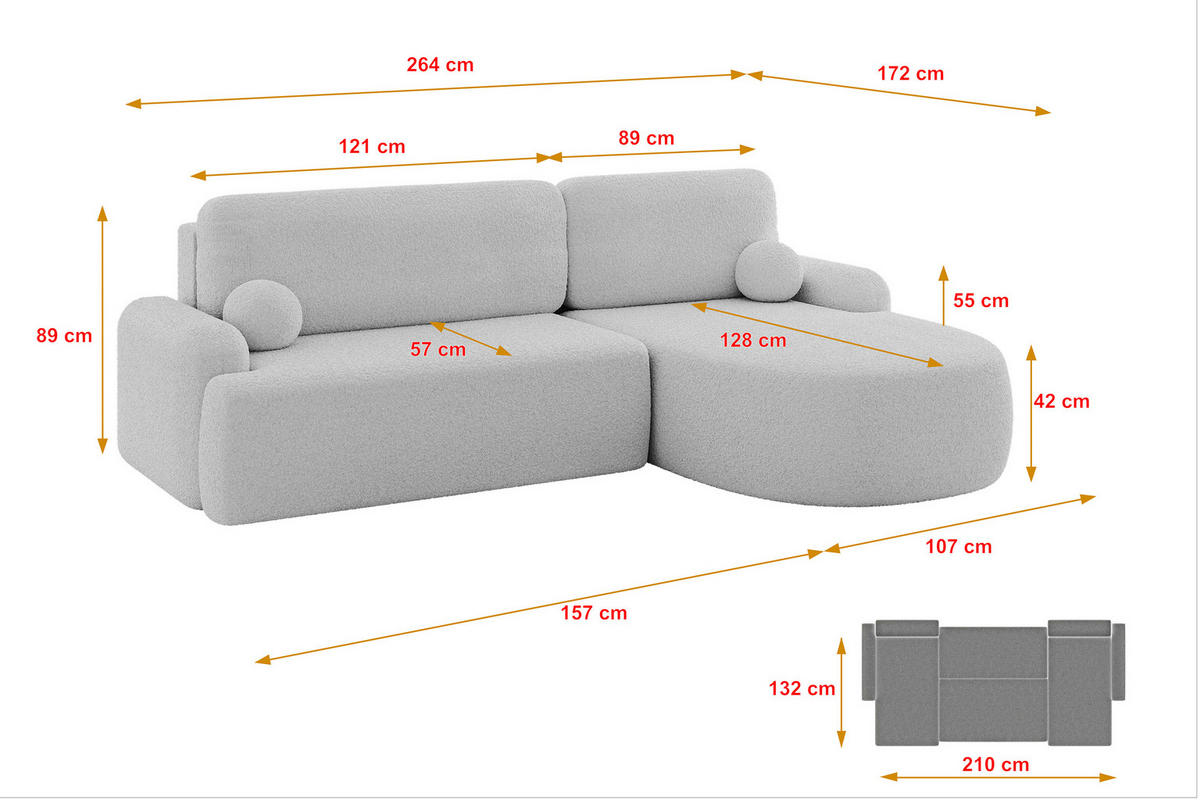 ECKSOFA mit Schlaffunktion und Bettkasten LIRA-L - 264x172x89 Hellgrau - Hellgrau, Holzwerkstoff/Textil (172/264cm) - ALTDECOR