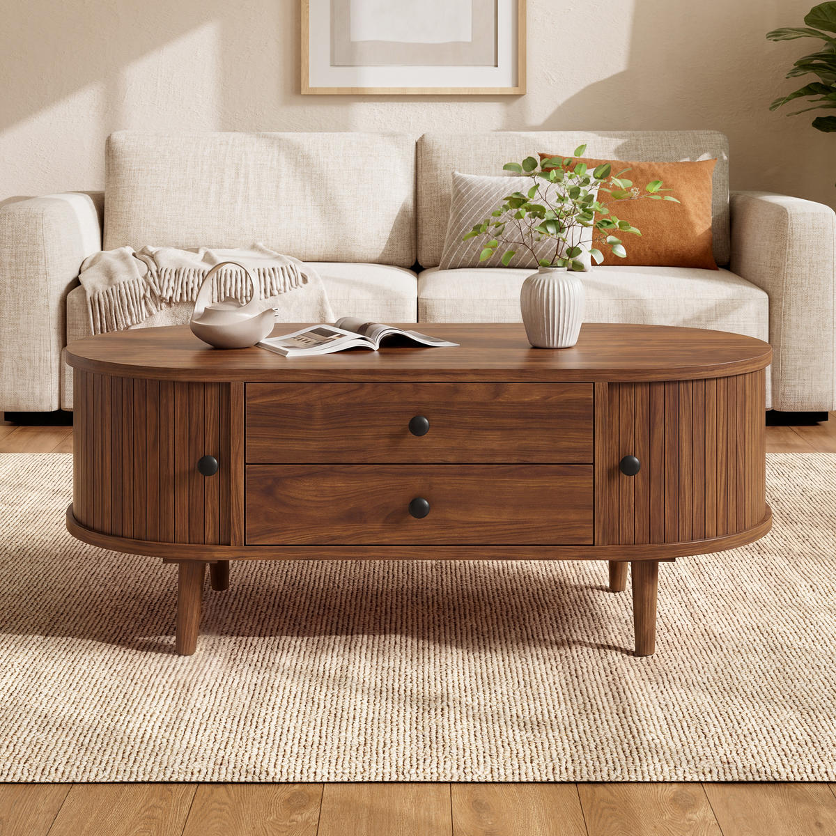 COUCHTISCH in Holzoptik Ovaler Wohnzimmertisch mit Schiebetüren und 2 Schubladen, 100 B / 50 T / 40 H(cm) - Dunkelbraun, Holzwerkstoff (50/100/40cm) - STILVORA