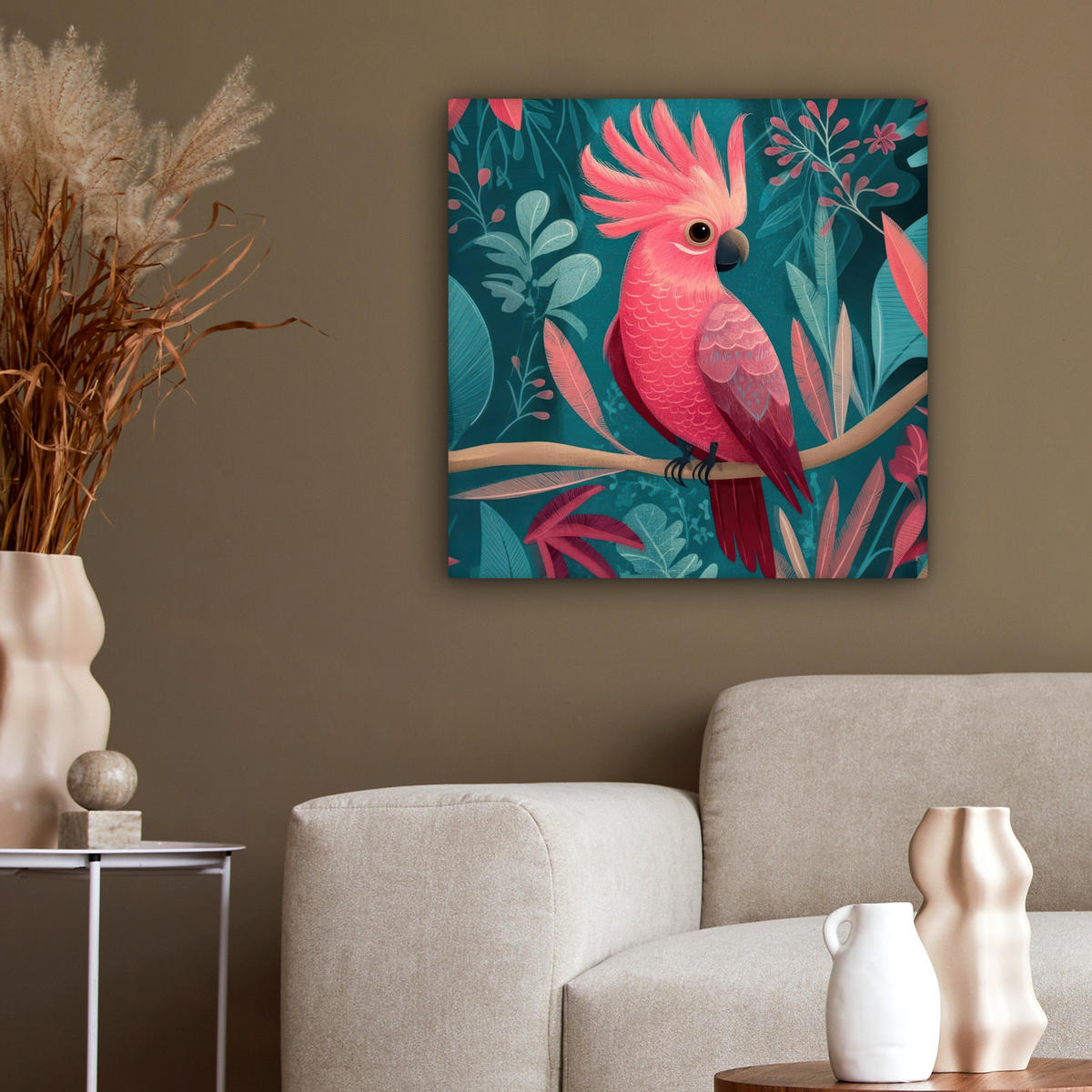 LEINWANDBILD Kakadu - Tropische Blätter - Zweig Wandbild Wohnzimmer 50x50 cm - Petrol, Textil (50/50cm) - MuchoWow