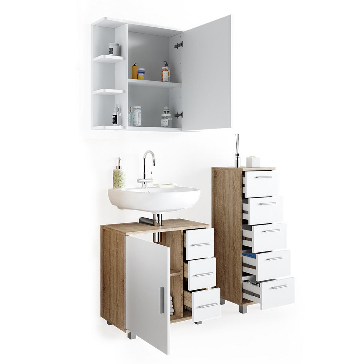 BADMÖBEL-SET Ilias Sonoma 3 Teile, mit Midischrank - Weiß/Sonoma Eiche, Holzwerkstoff (60/60.8/33cm) - Vicco