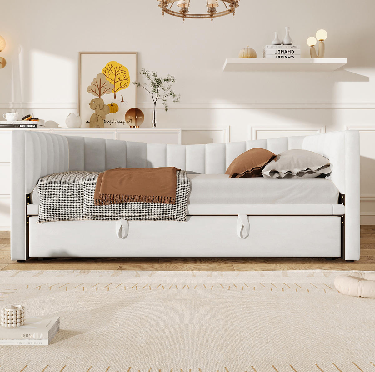 SAMT-POLSTERBETT 90/200 cm mit Ziehbett in Weiß - Weiß, Textil (180/200cm) - BEAOK