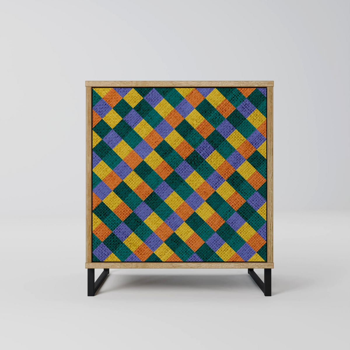 SIDEBOARD PAINTED SQUARES MIX, Eichefarben, 57,5x42x72,5 cm, Schwarze Metallfüße - Eichefarben/Multicolor, Holzwerkstoff/Metall (57.5/72.5/42cm) - SpaceRebels