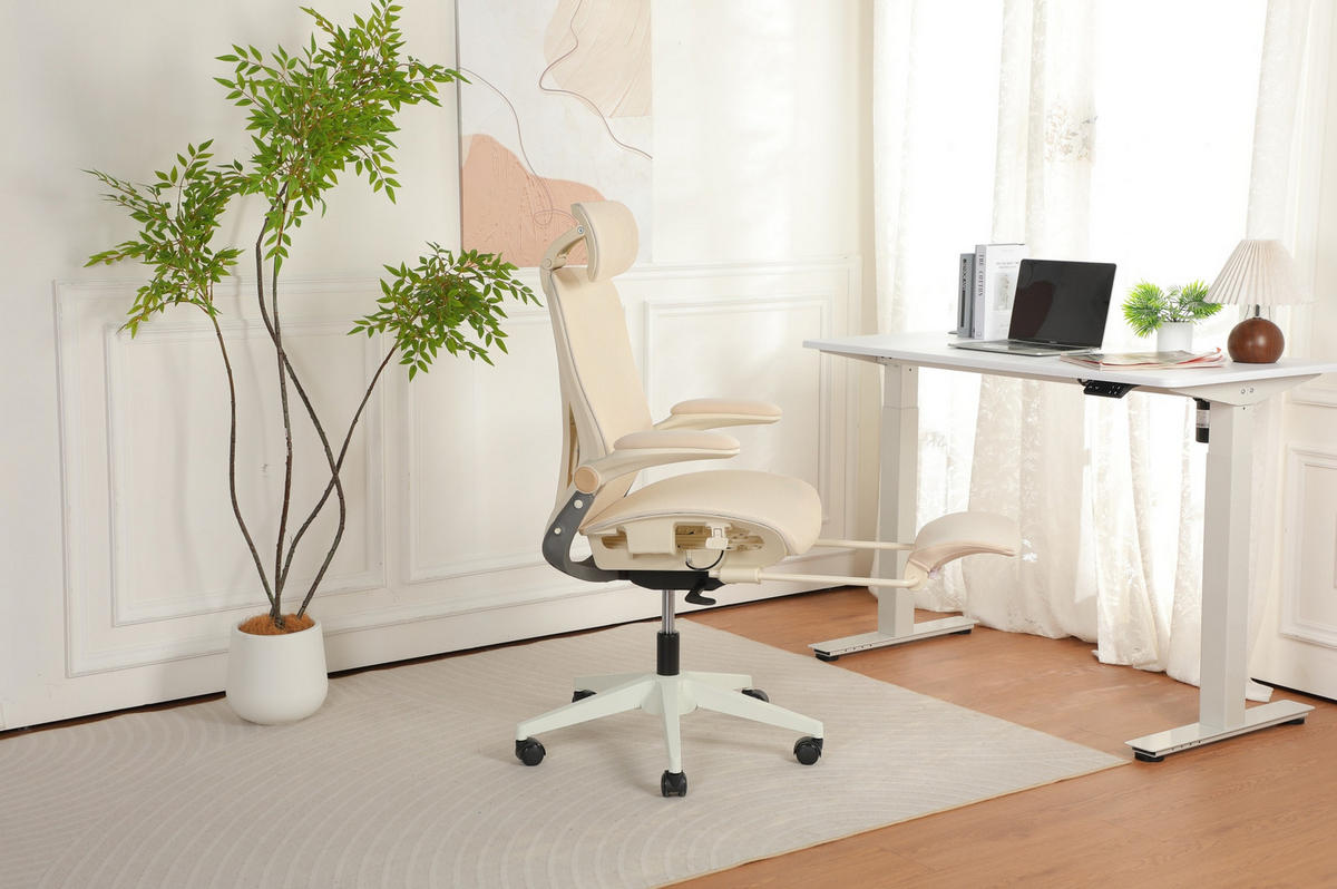 DREHSTUHL 67/67/129 cm cream aus Mesh klappbar ergonomisch mit Kopf- und Taillenstütze - Creme, Textil (62/129/48.5cm) - OKWISH