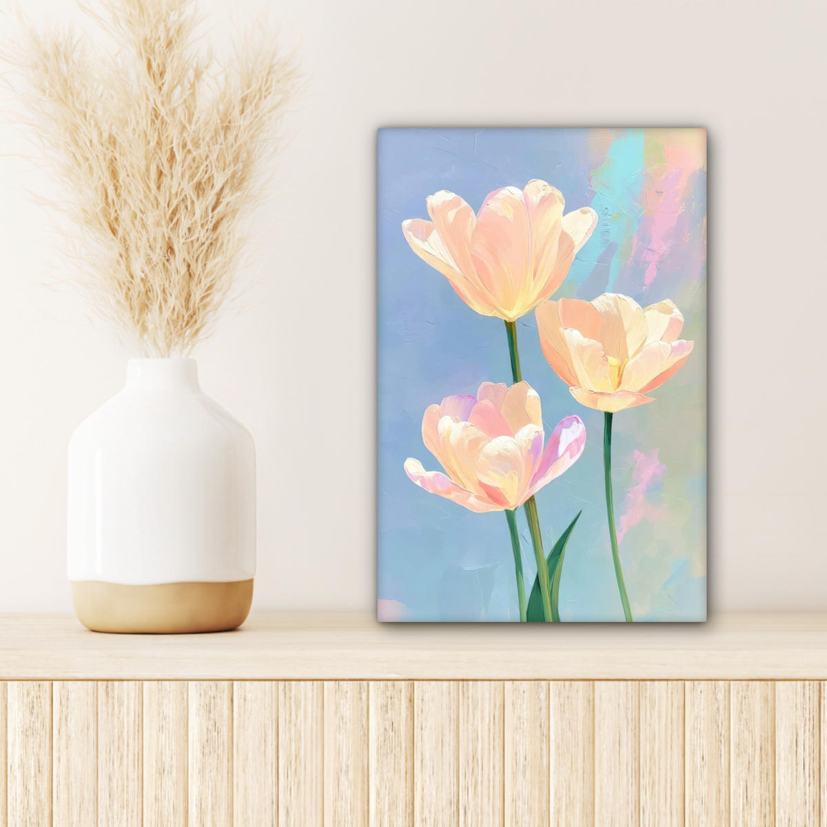 LEINWANDBILD Tulpen - Rosa Akzente - Blau Deko Wohnzimmer 20x30 cm - Pastellblau, Textil (20/30cm) - MuchoWow