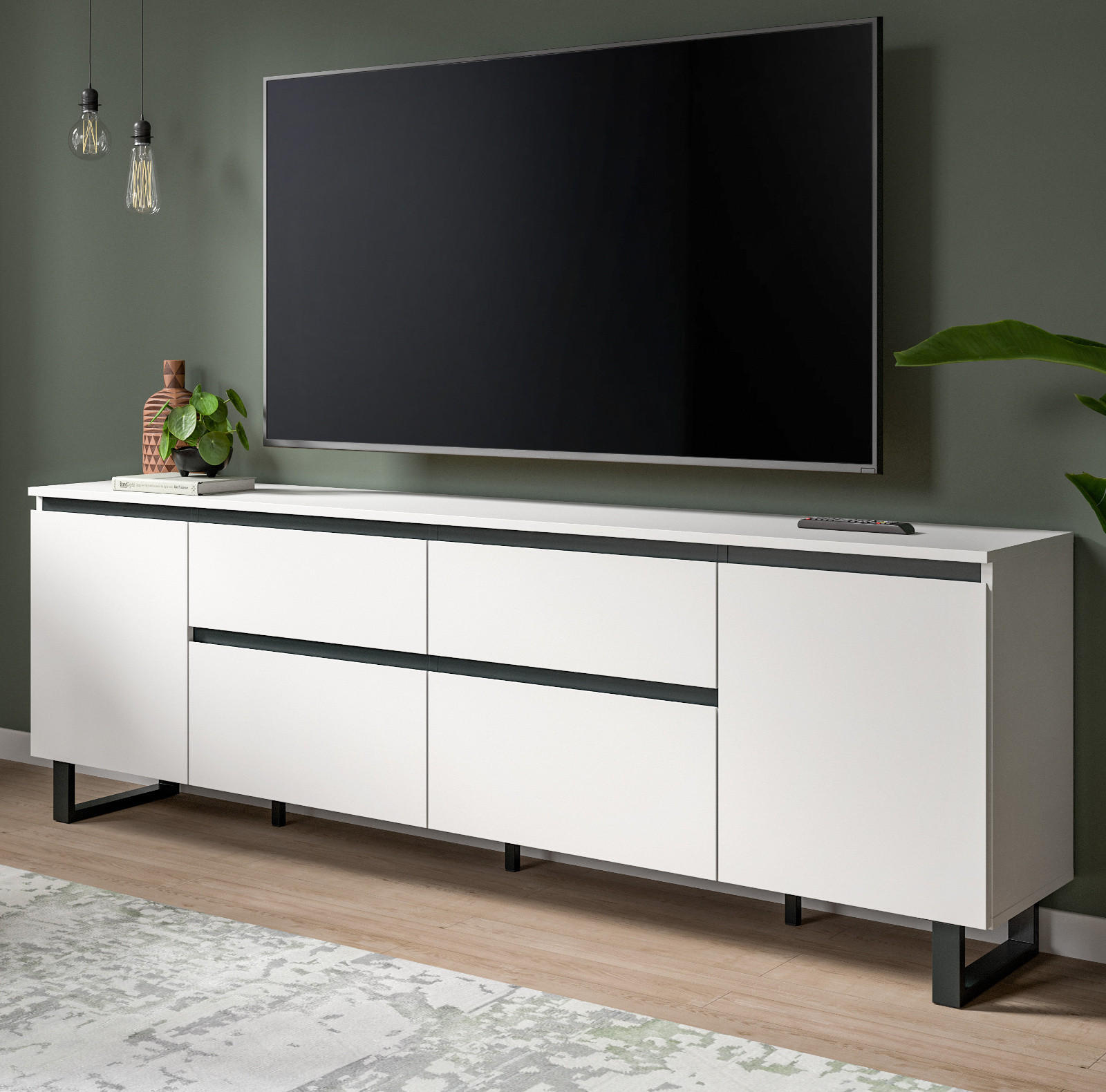 Thumbnail - Inn.Furn Tv-Lowboard, Weiß, Schwarz, Holzwerkstoff, Nachbildung, Uni, 2 Fächer, 2 Schubladen, Rechteckig, 188x65x36 cm, ...