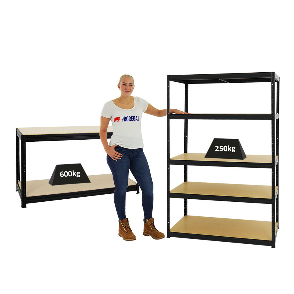 WERKBANK Big Dino höhenverstellbar & 1x SCHWERLASTREGAL Big Elephant M Set Fachlast bis zu 600 kg Schwarz - Schwarz, Metall (240/180/60cm) - PROREGAL