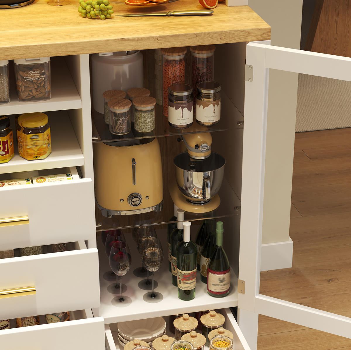 BUFFET 120/180/40 cm Weiß mit Holzdekor aus MDF und Glas mit LED-Lichtleiste - Weiß, Holzwerkstoff (40/188/120cm) - OKMYHOME