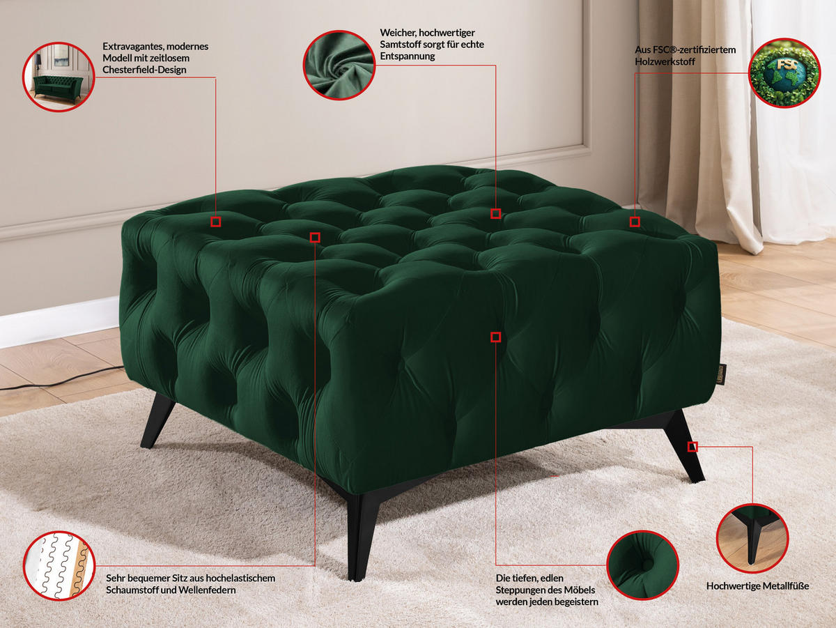 HOCKER Chesterfield Whitby Flaschengrün Samt mit schwarzen Füßen - Dunkelgrün/Schwarz, Holz/Textil (80/45/80cm) - S-Style Möbel