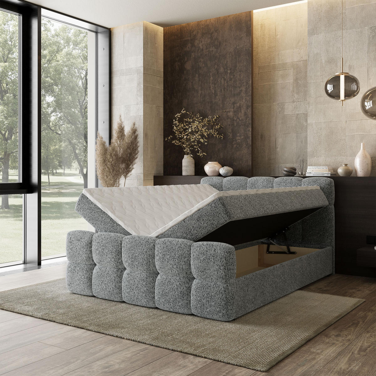 BOXBETT BRUME 140x200 cm mit Matratze und Topper, H2+H3 - Hellgrau - Hellgrau, Holz (140/200cm) - MASSENO