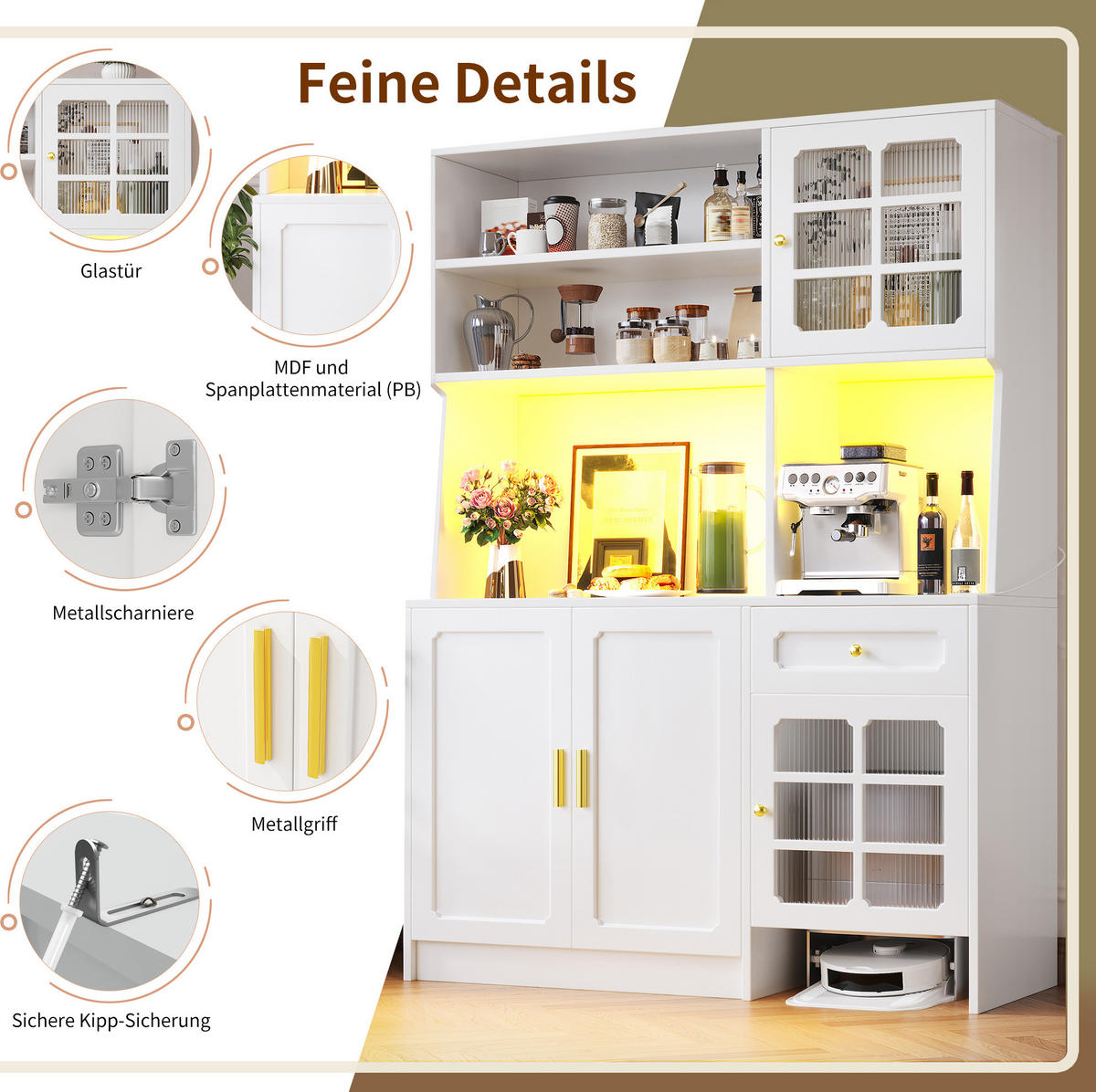 BUFFETSCHRANK 130/45/180 cm aus MDF mit LED-Beleuchtung, Glastüren und Stauraum für Saugroboter, Weiß - Weiß, Holzwerkstoff (130/180/45cm) - Redom