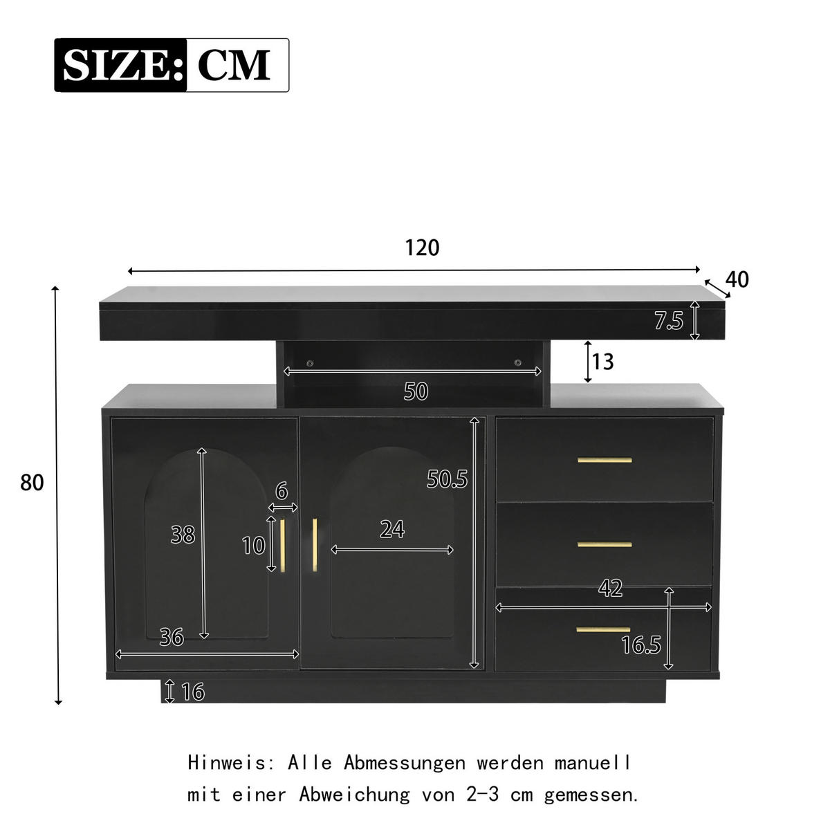 SIDEBOARD aus Spanplatte 120x40x80 cm Schwarz mit Hochglanzfronten, LED-Beleuchtung und Stauraum - Schwarz, Holzwerkstoff (120/80/40cm) - IVMEU