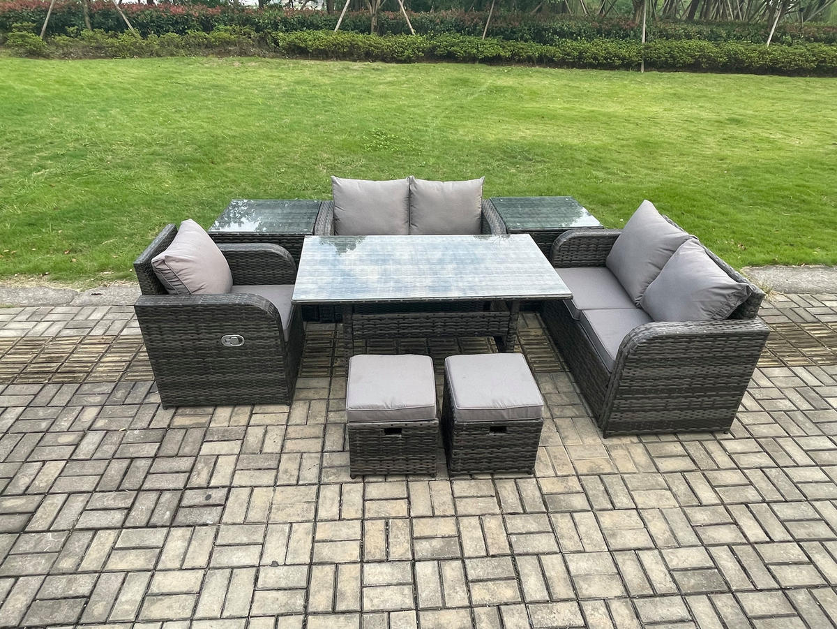 Gartenmöbelset mit Esstisch,Zweisitzer,Beistelltischen Polyrattan Dunkelgrau 7-Sitzer - Dunkelgrau/Grau, Glas/Kunststoff - Fimous