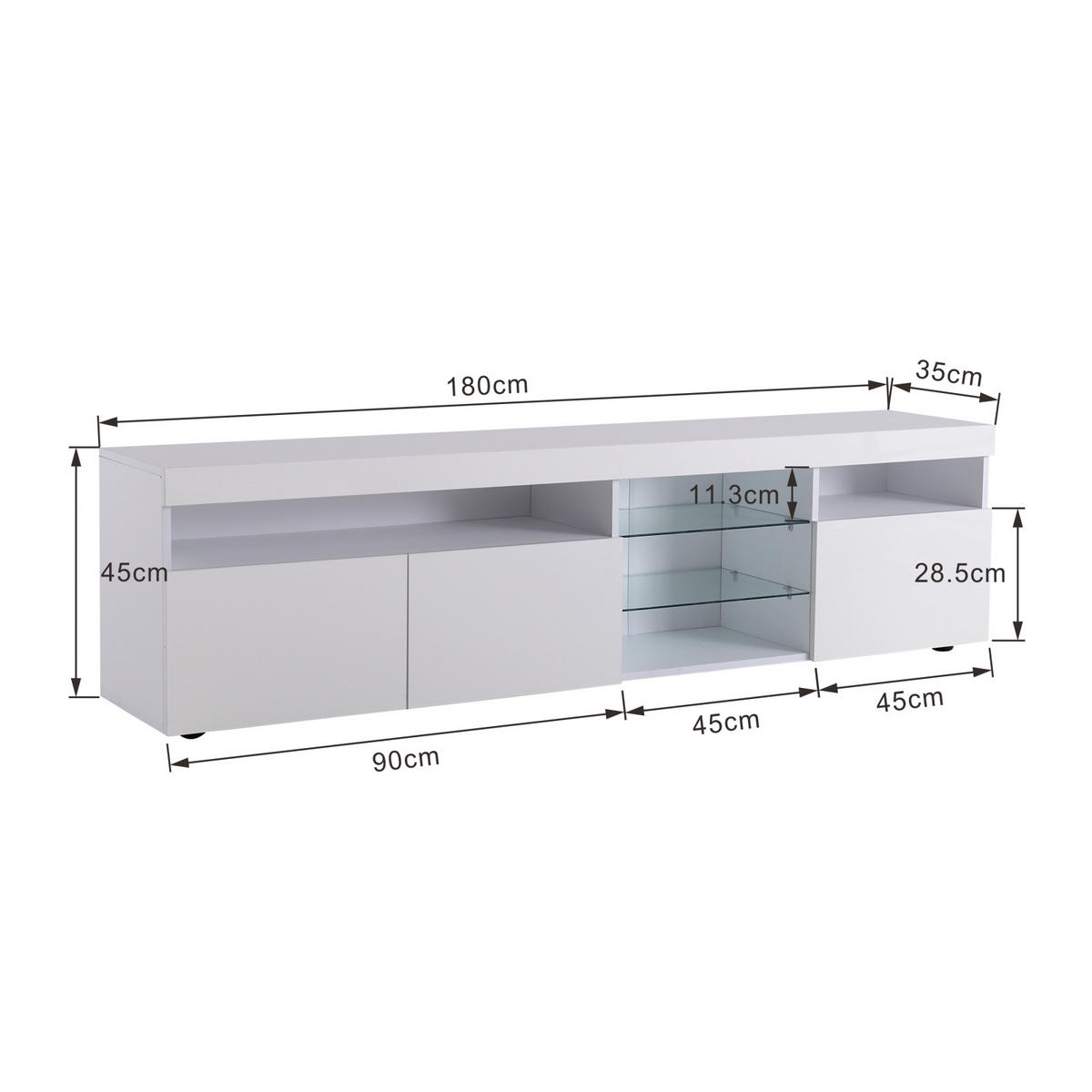 TV Lowboard LED, 3 Türen, 2 Glasregale, Weiß - Weiß, Holz (180/45/35cm)