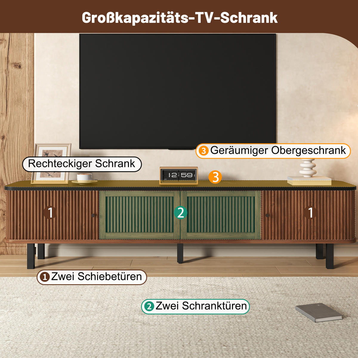 TV skrinka 190/35/45 cm orechová z MDF a drevotriesky s posuvnými dvierkami a mriežkou - hnedá, kompozitné drevo (190/45/35cm) - OKWISH