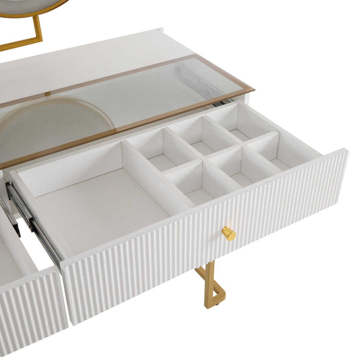 SCHMINKTISCH in Weiß mit LED Spiegel Glasplatte seitlichem Schrank für Schlafzimmer, B120/T45/H115 cm - Goldfarben/Weiß, Glas/Holzwerkstoff (120/115/45cm) - STILVORA