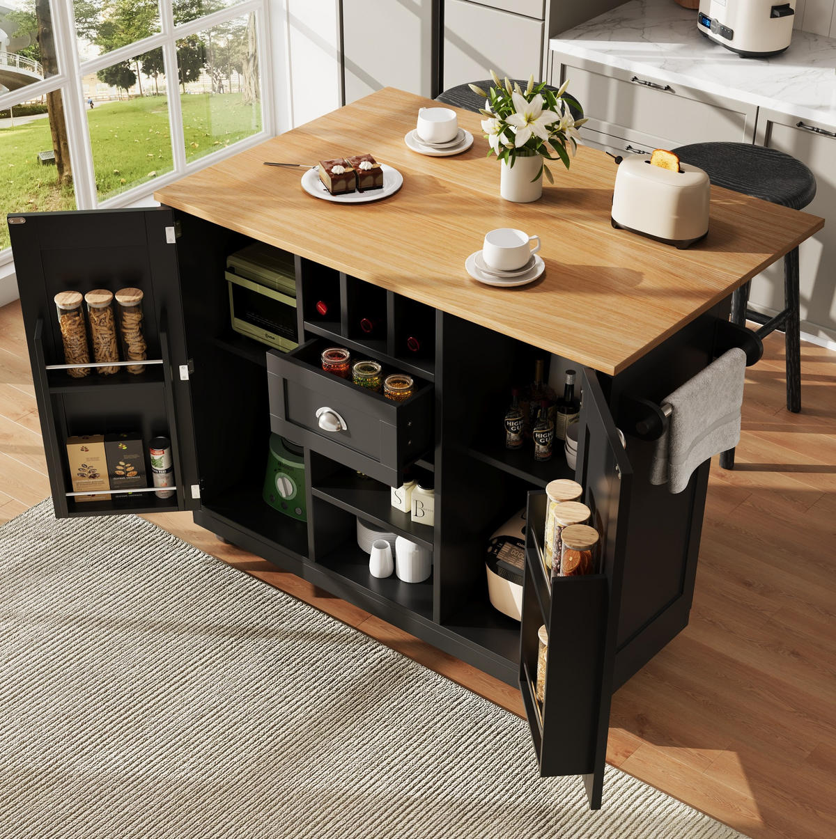 KUCHYŇSKÝ ostrůvek 140/70/93,5 cm černý z MDF s výklopnou deskou, koly a držákem na ručníky - černá, kompozitní dřevo (140/93.5/40cm) - OKWISH