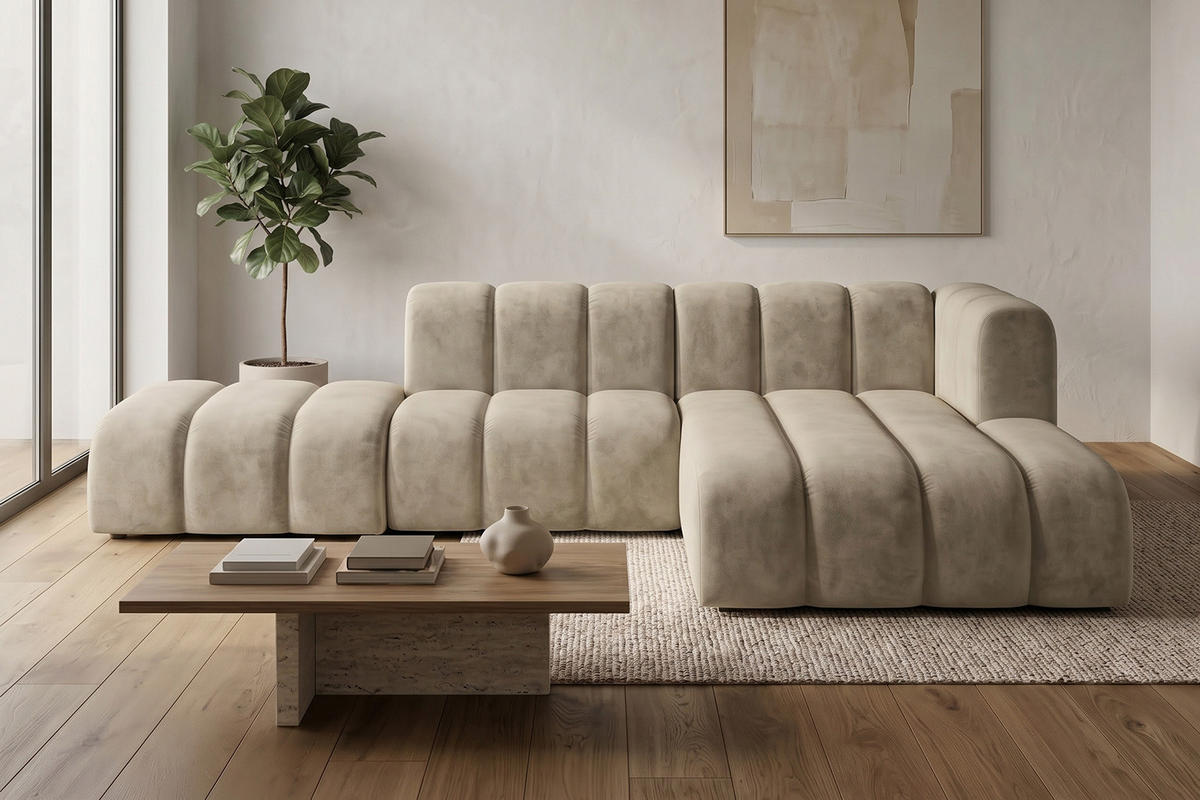ECKSOFA Modulares In L-Form Mit Hocker, Velvet-Stoff Riviera, Beige, Rechts, GRAND Mini - Beige, Holz (295/179cm) - Kaiser Möbel