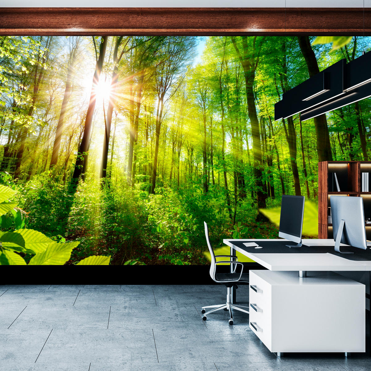 FOTOTAPETE für Wohnzimmer Sonnenaufgang zwischen Bäumen Wald 250x175 - Gelb/Grün, Papier (250/175cm) - Muralo