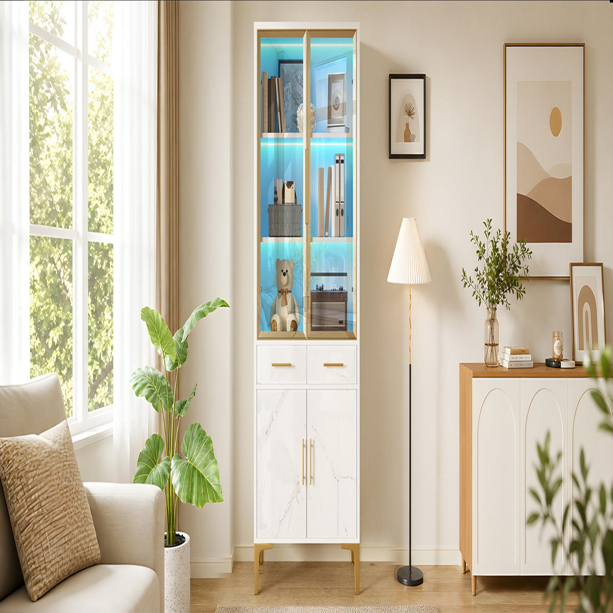KÜCHENSCHRANK75/170/38 cm, Weiß Hochglanz, Marmoroptik, MIT LED BELEUCHTUNG, für Wohnzimmer und Esszimmer - Weiß, Holzwerkstoff (38/170/75cm) - Rolipo