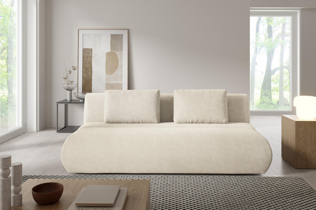 BETTSOFA ATOMO Beige Velours-Stoff mit Schlaffunktion - Beige, Holz (217/82/134cm) - MASSENO